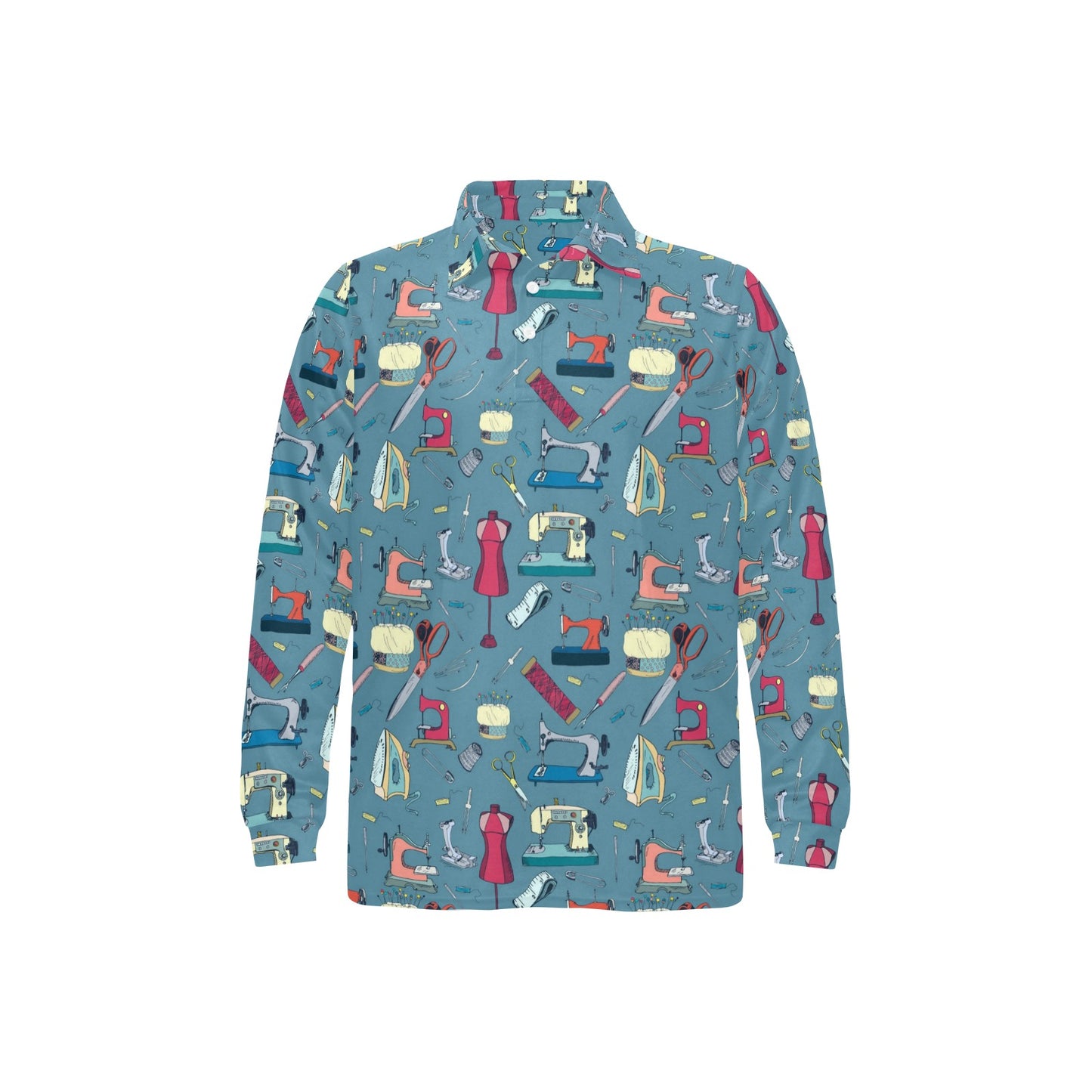 Sewing Equipment Print Design LKS301 Long Sleeve Polo Shirt For Men's