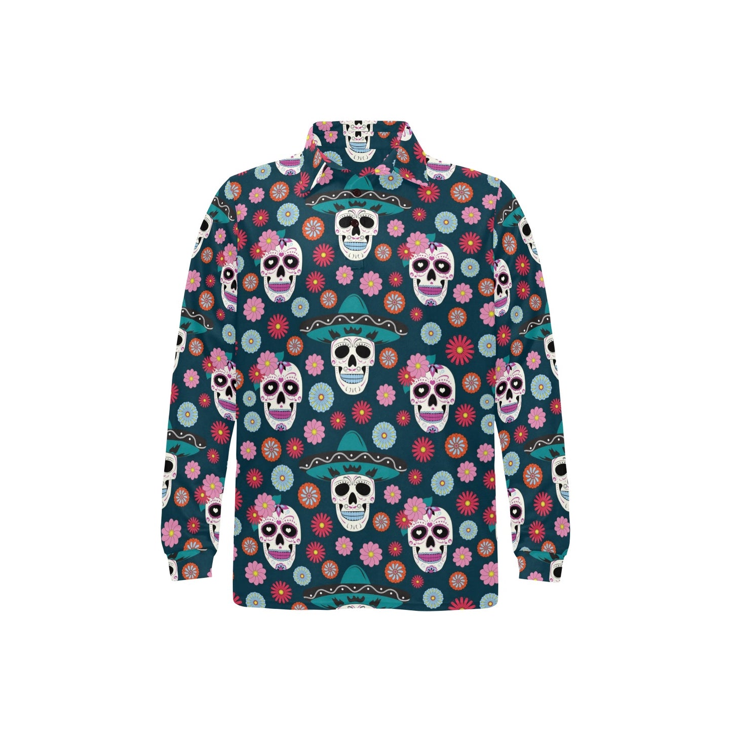 Sugar Skull Print Design LKS308 Long Sleeve Polo Shirt For Men's