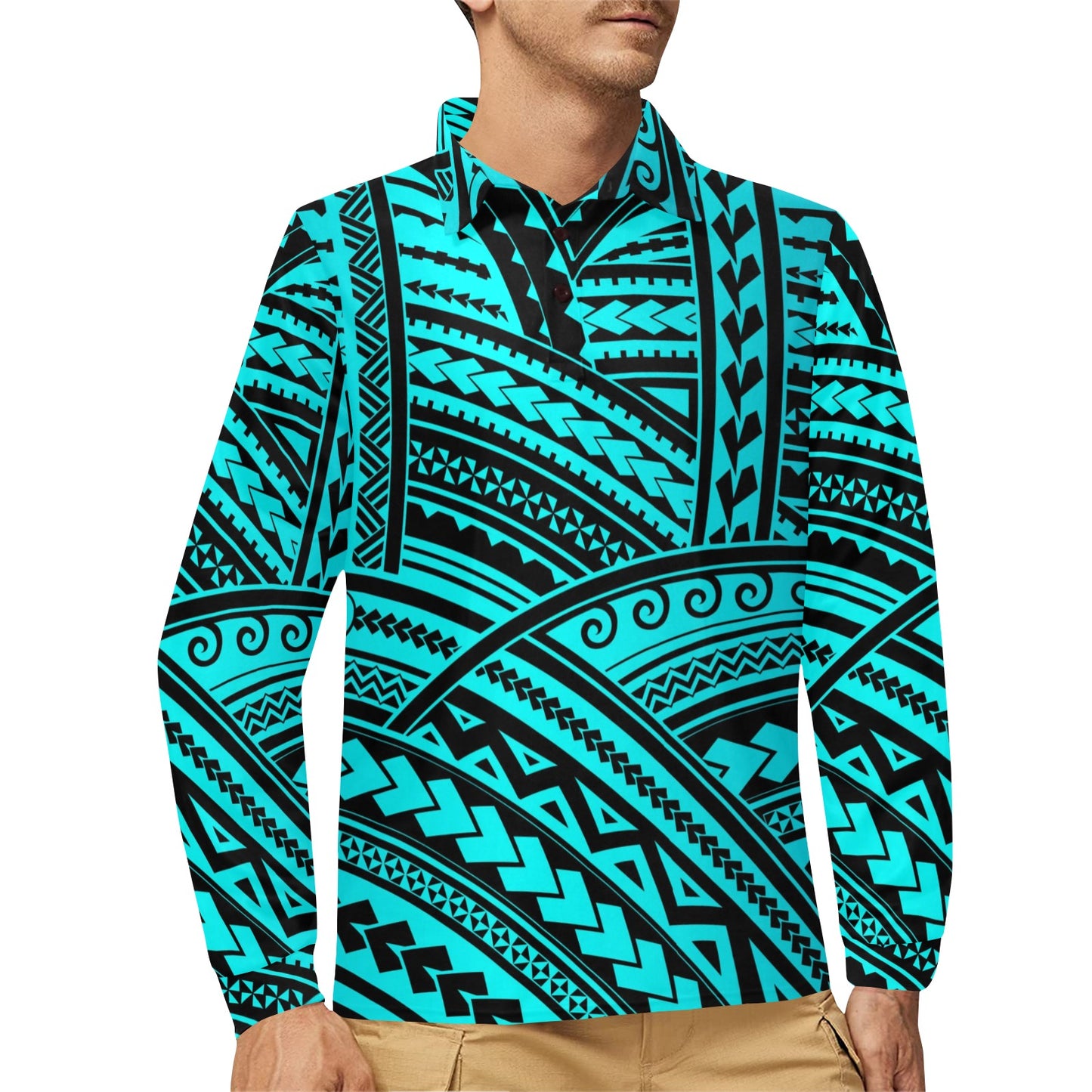 Polynesian Tribal Long Sleeve Polo Shirt For Men's