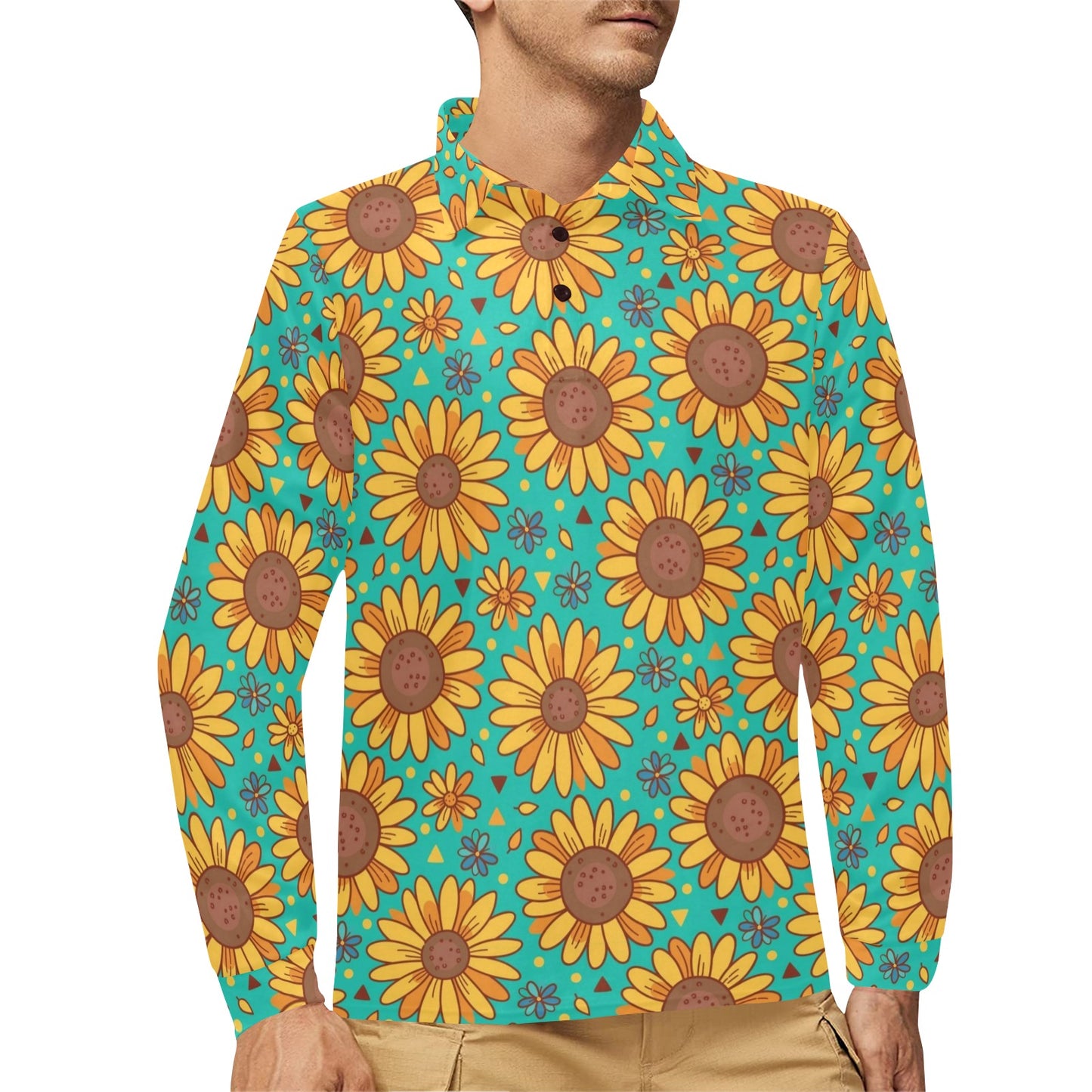 Sunflower Pattern Print Design SF013 Long Sleeve Polo Shirt For Men's