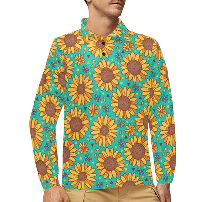 Sunflower Pattern Print Design SF013 Long Sleeve Polo Shirt For Men's
