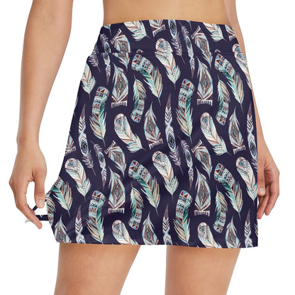 Feather Vintage Boho Design Print 17" Golf & Pickleball Skort with Pockets