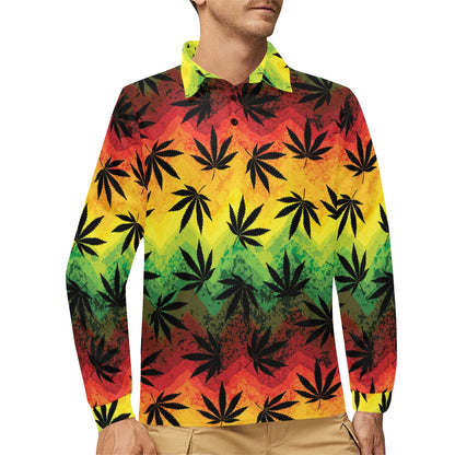 Rasta Pattern Print Design A02 Long Sleeve Polo Shirt For Men's