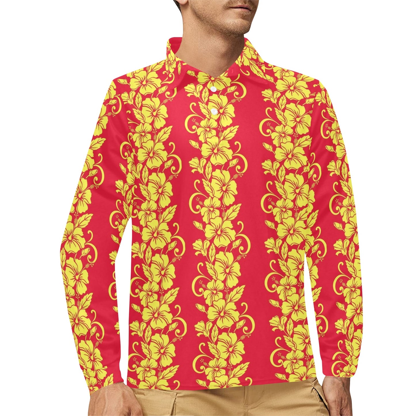 Orange Hibiscus Pattern Print Design HB018 Long Sleeve Polo Shirt For Men's
