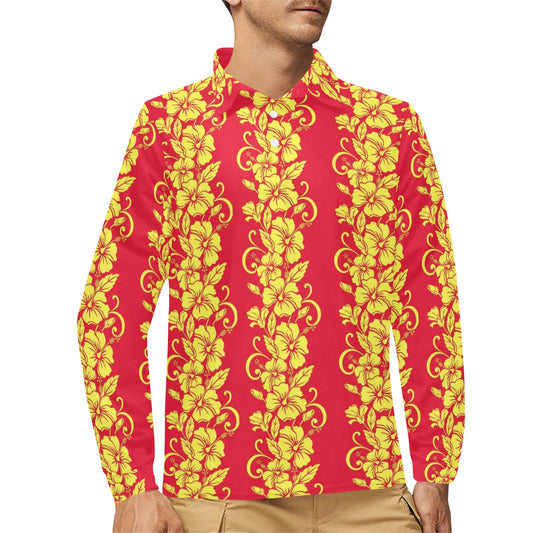 Orange Hibiscus Pattern Print Design HB018 Long Sleeve Polo Shirt For Men's