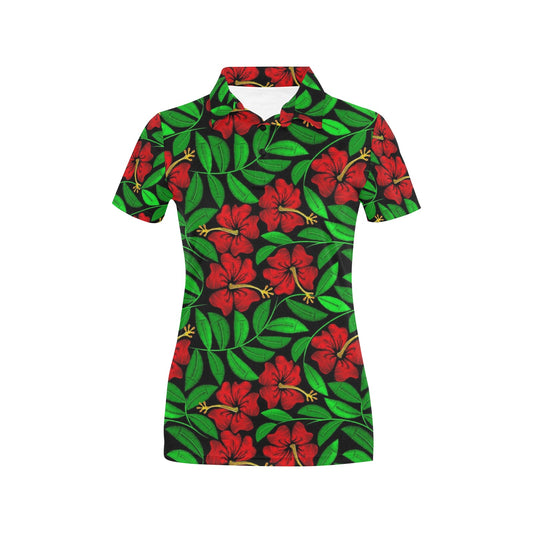 Red Hibiscus Embroidered Pattern Print Design HB032 Women's Polo Shirt