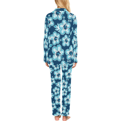 Blue Hibiscus Pattern Print Design HB011 Women's Long Pajama Set
