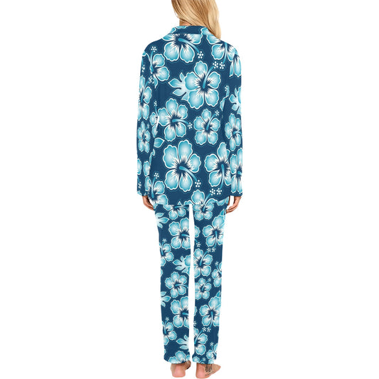 Blue Hibiscus Pattern Print Design HB011 Women's Long Pajama Set