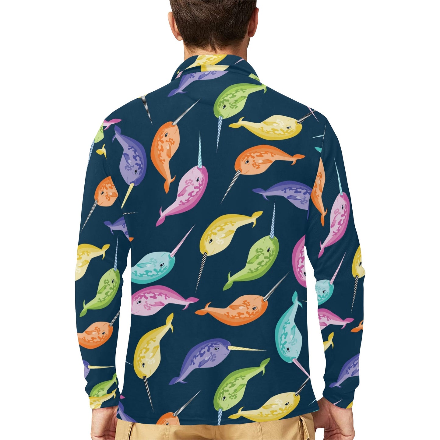Narwhal Colorful Pattern Print Design 03 Long Sleeve Polo Shirt For Men's