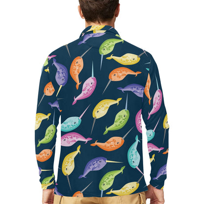 Narwhal Colorful Pattern Print Design 03 Long Sleeve Polo Shirt For Men's