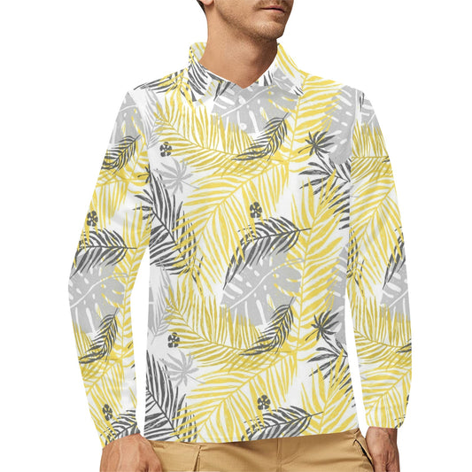 Palm Leaves Pattern Print Design PL012 Long Sleeve Polo Shirt For Men's