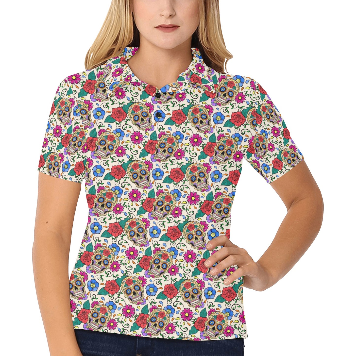 Sugar Skull Colorful Themed Print Women's Polo Shirt