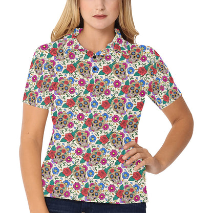 Sugar Skull Colorful Themed Print Women's Polo Shirt