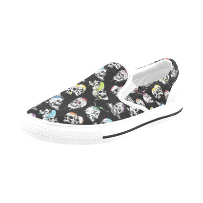 Skull Print Design LKS3013 White Slip Ons Canvas Women's Shoes