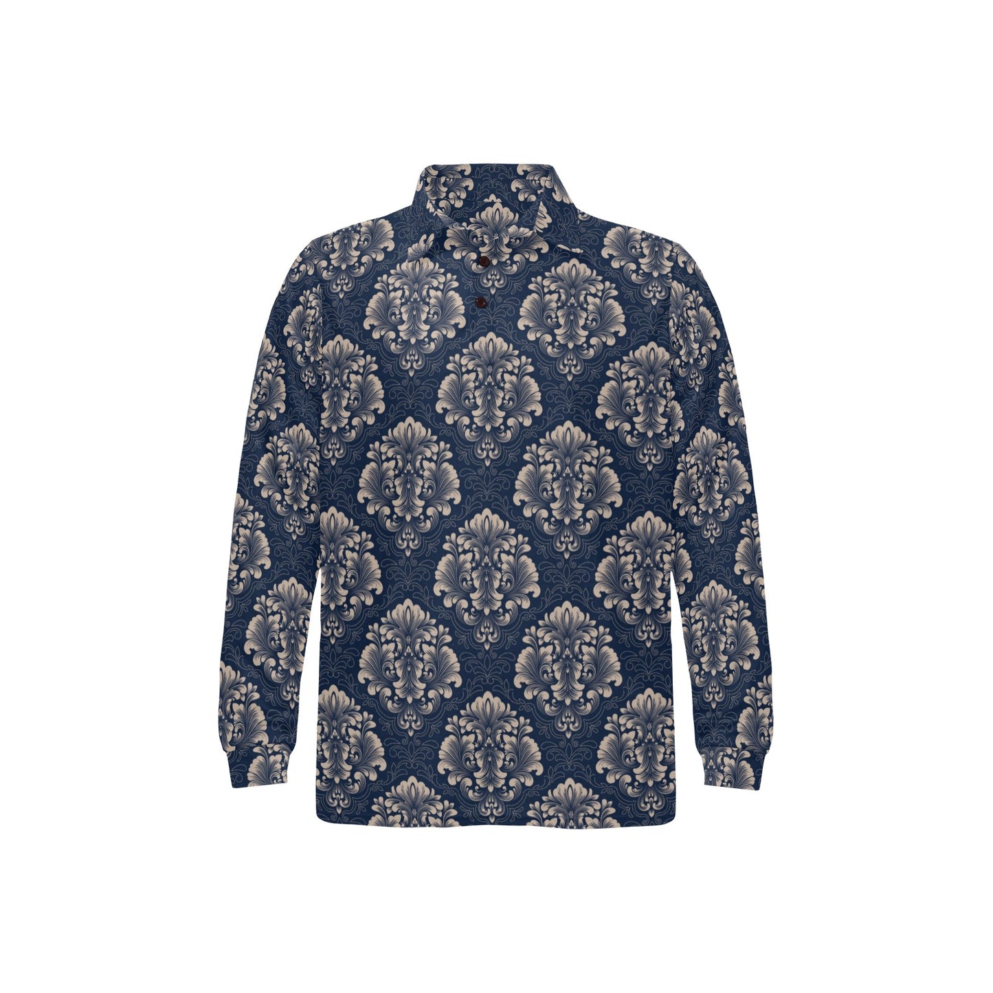 Damask Blue Luxury Print Pattern Long Sleeve Polo Shirt For Men's