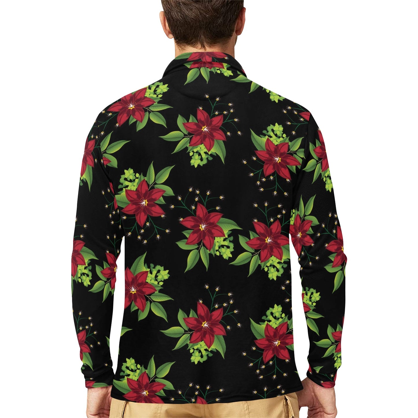 Poinsettia Pattern Print Design A01 Long Sleeve Polo Shirt For Men's
