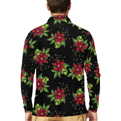 Poinsettia Pattern Print Design A01 Long Sleeve Polo Shirt For Men's