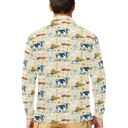 Cow Farm Design Print Long Sleeve Polo Shirt For Men's
