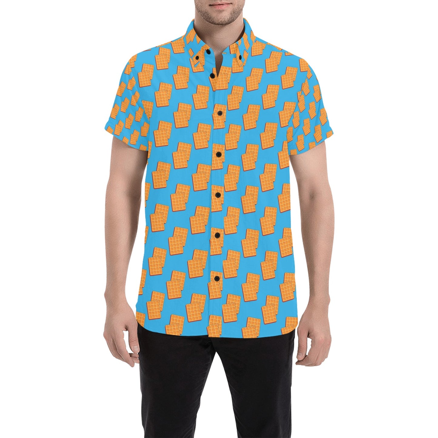 Waffle Print Design LKS304 Men Short Sleeve Button Up Shirt