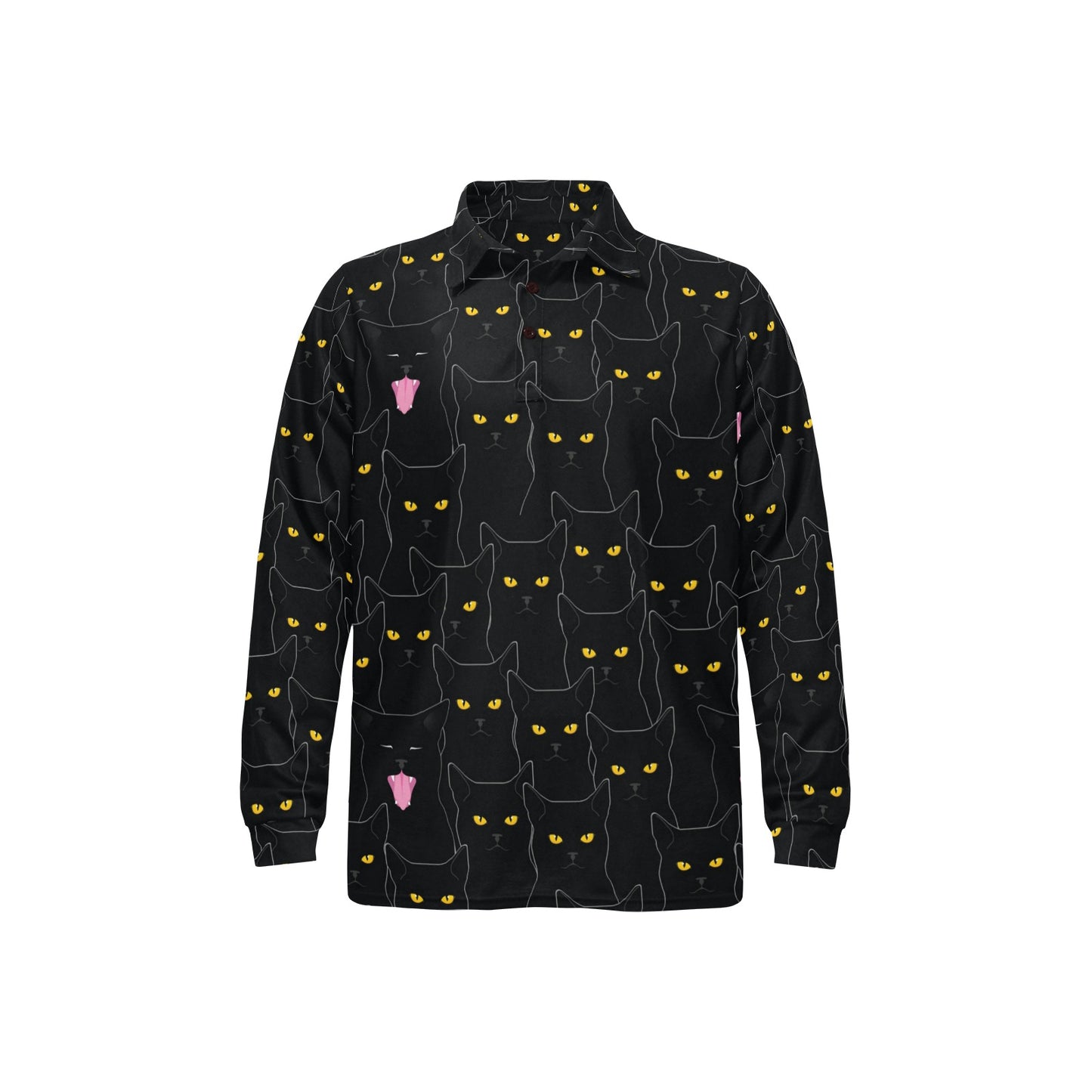 Black Cat Yellow Eyes Print Pattern Long Sleeve Polo Shirt For Men's