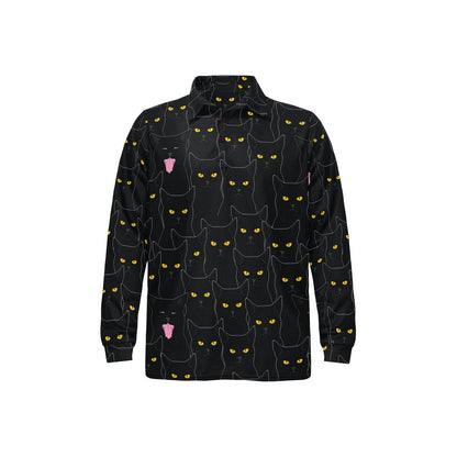 Black Cat Yellow Eyes Print Pattern Long Sleeve Polo Shirt For Men's