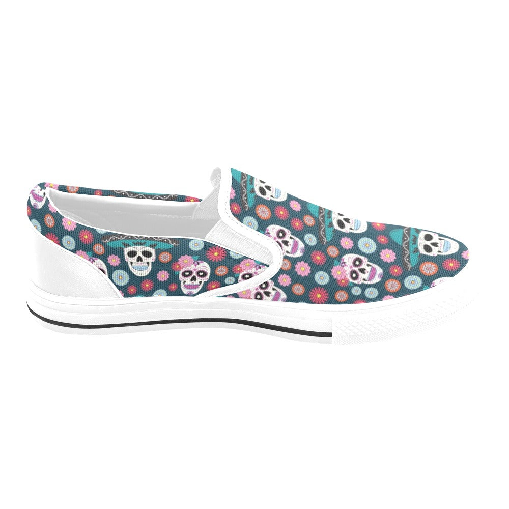 Sugar Skull Print Design LKS308 White Slip Ons Canvas Women's Shoes