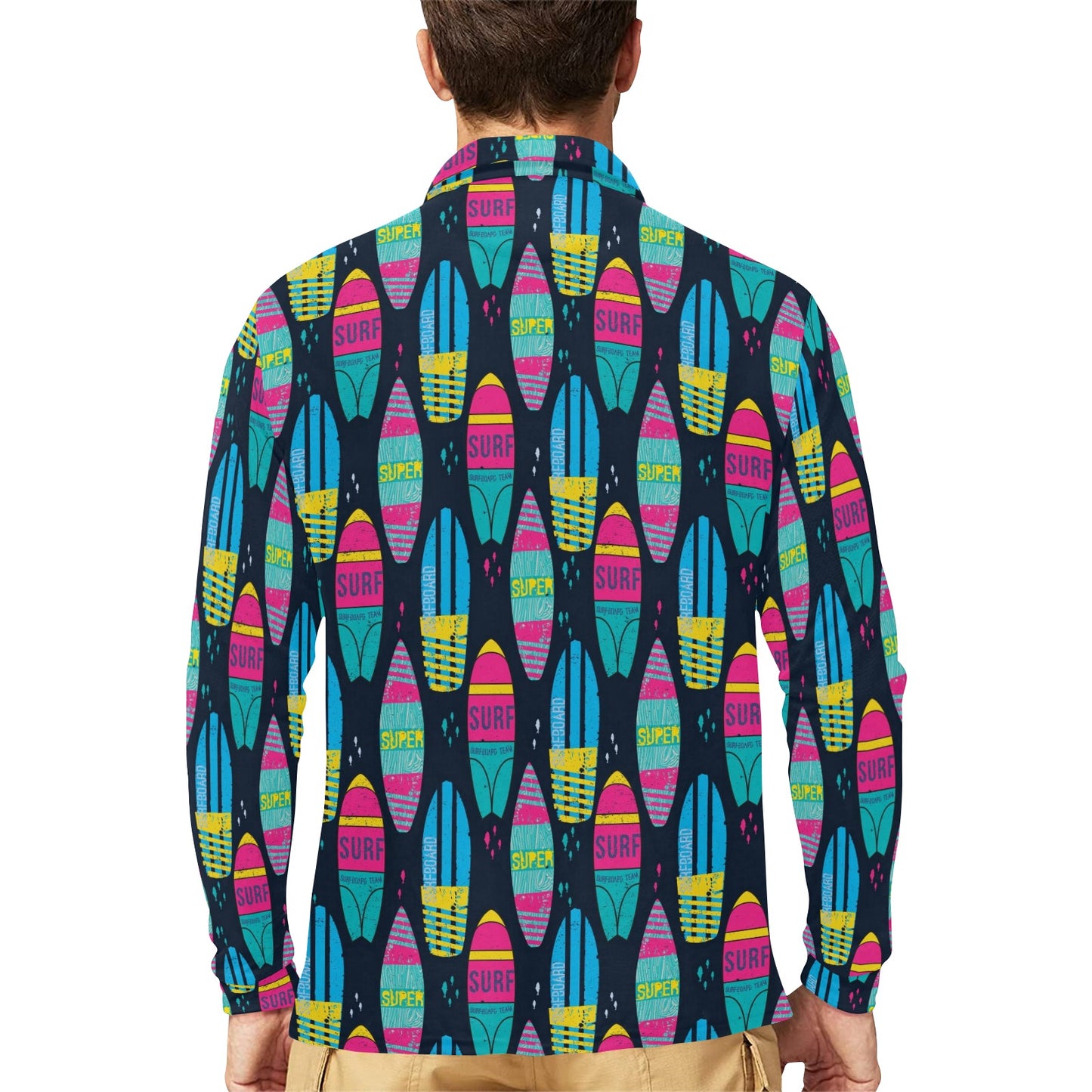 Surfboard Colorful Print Design LKS302 Long Sleeve Polo Shirt For Men's