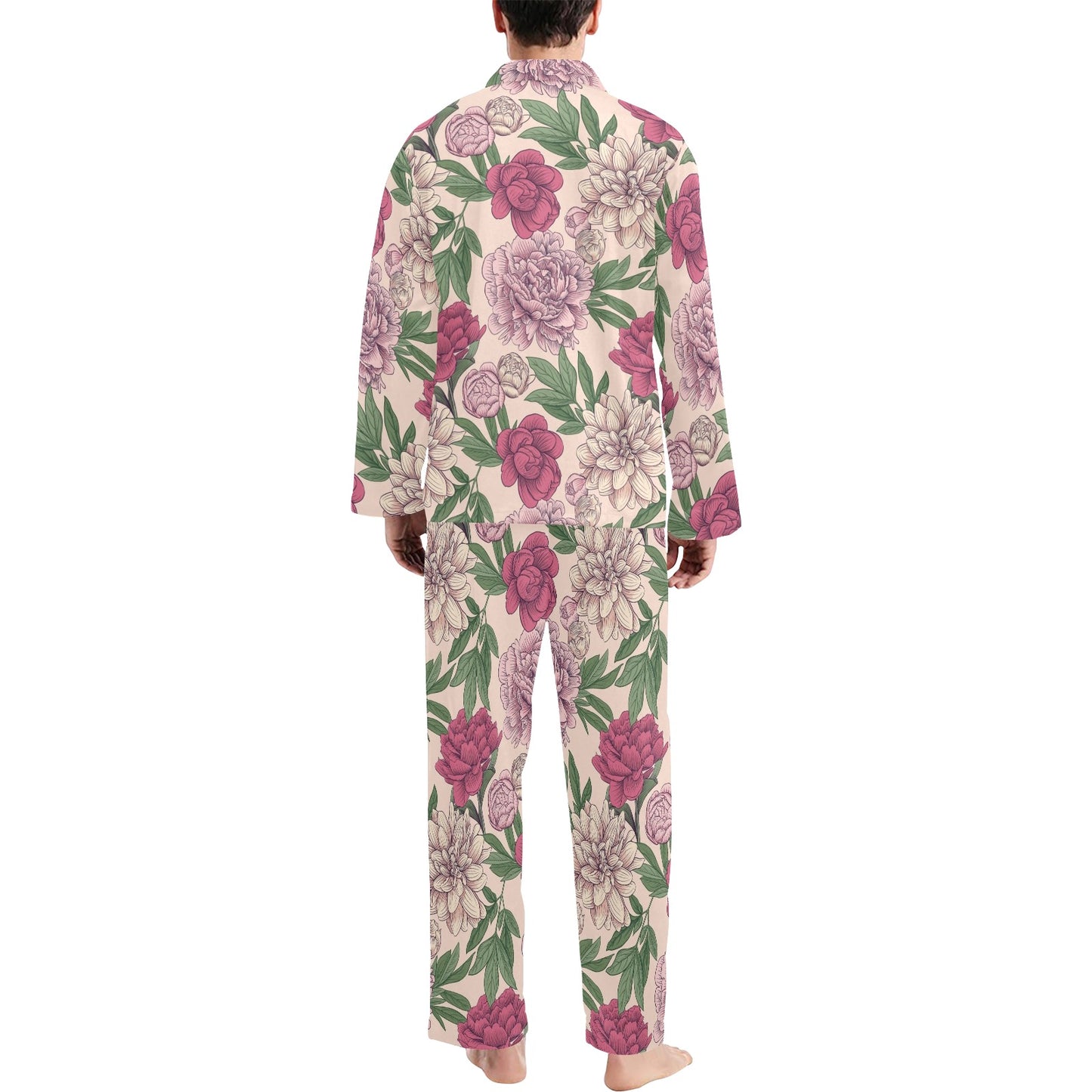 Peony Pattern Print Design A01 Men's Long Pajama Set