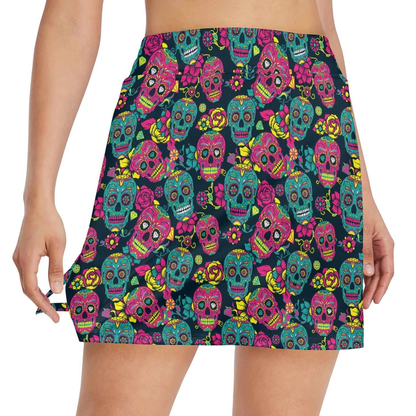 Sugar Skull Floral Design Themed Print 17" Golf & Pickleball Skort with Pockets