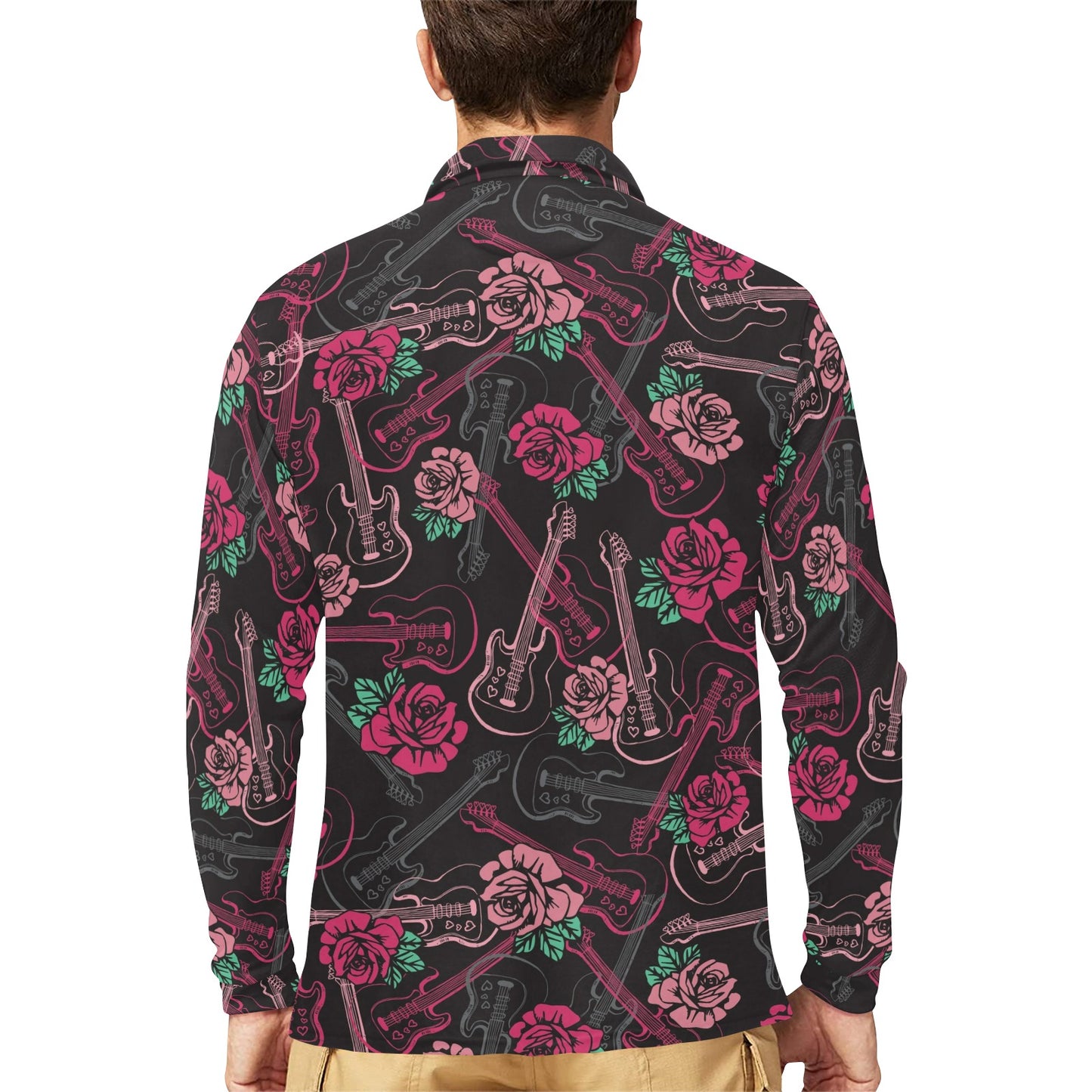 Bass Guitar Pink Rose Pattern Print Design 01 Long Sleeve Polo Shirt For Men's
