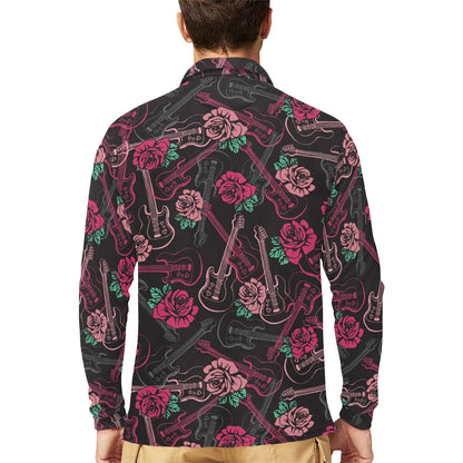 Bass Guitar Pink Rose Pattern Print Design 01 Long Sleeve Polo Shirt For Men's