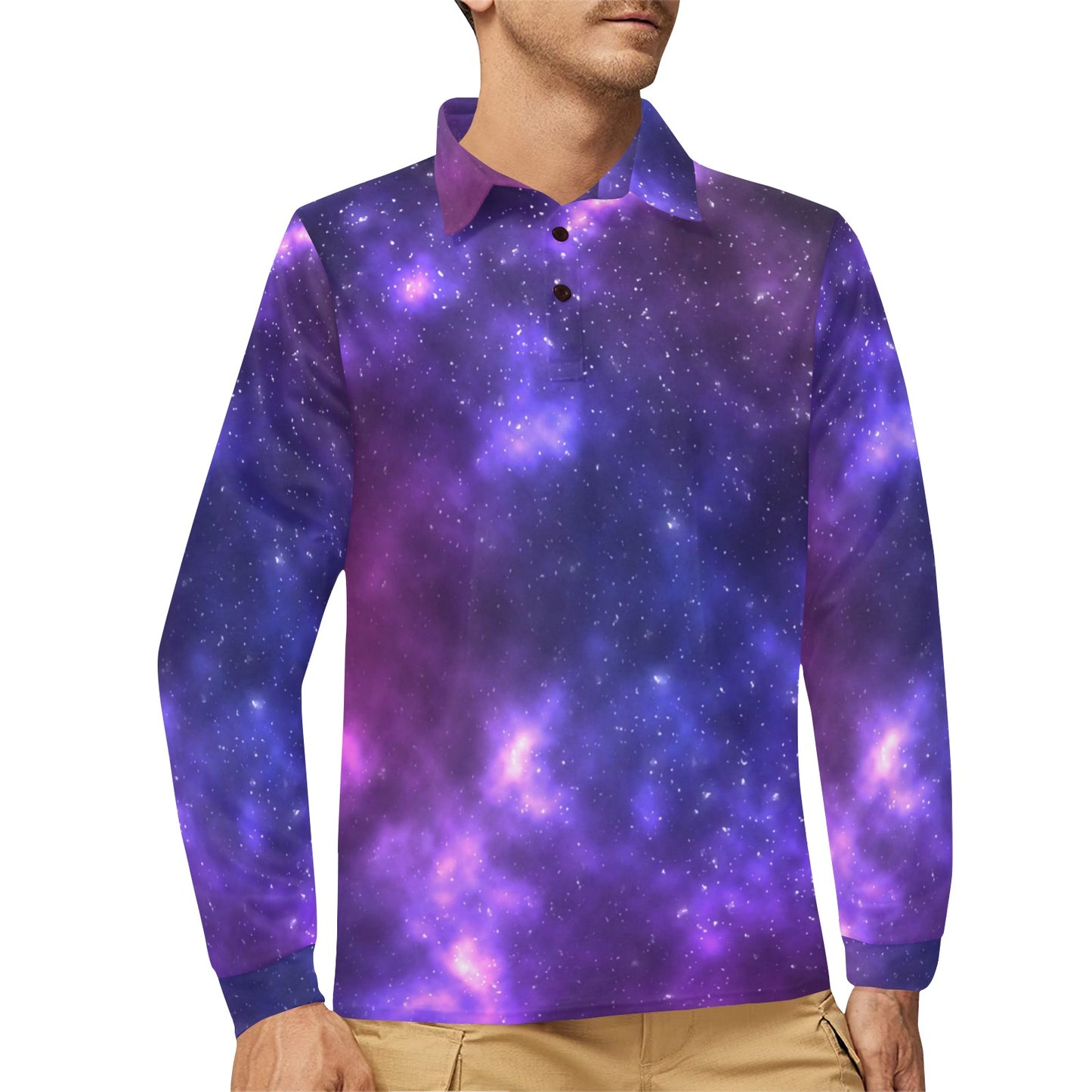 Celestial Purple Blue Galaxy Long Sleeve Polo Shirt For Men's