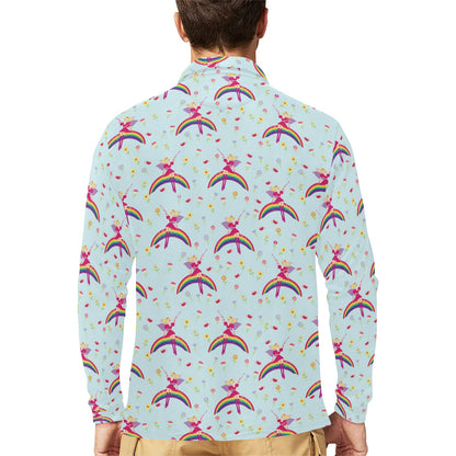 Fairy with Rainbow Print Pattern Long Sleeve Polo Shirt For Men's