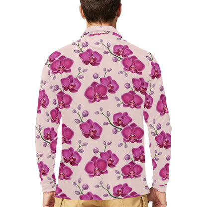Orchid Purple Pattern Print Design OR04 Long Sleeve Polo Shirt For Men's