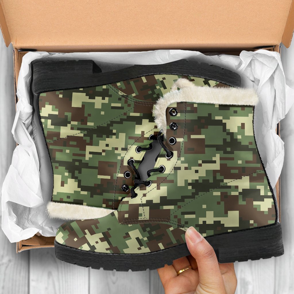 ACU Digital Army Camouflage Faux Fur Leather Boots-JTAMIGO.COM