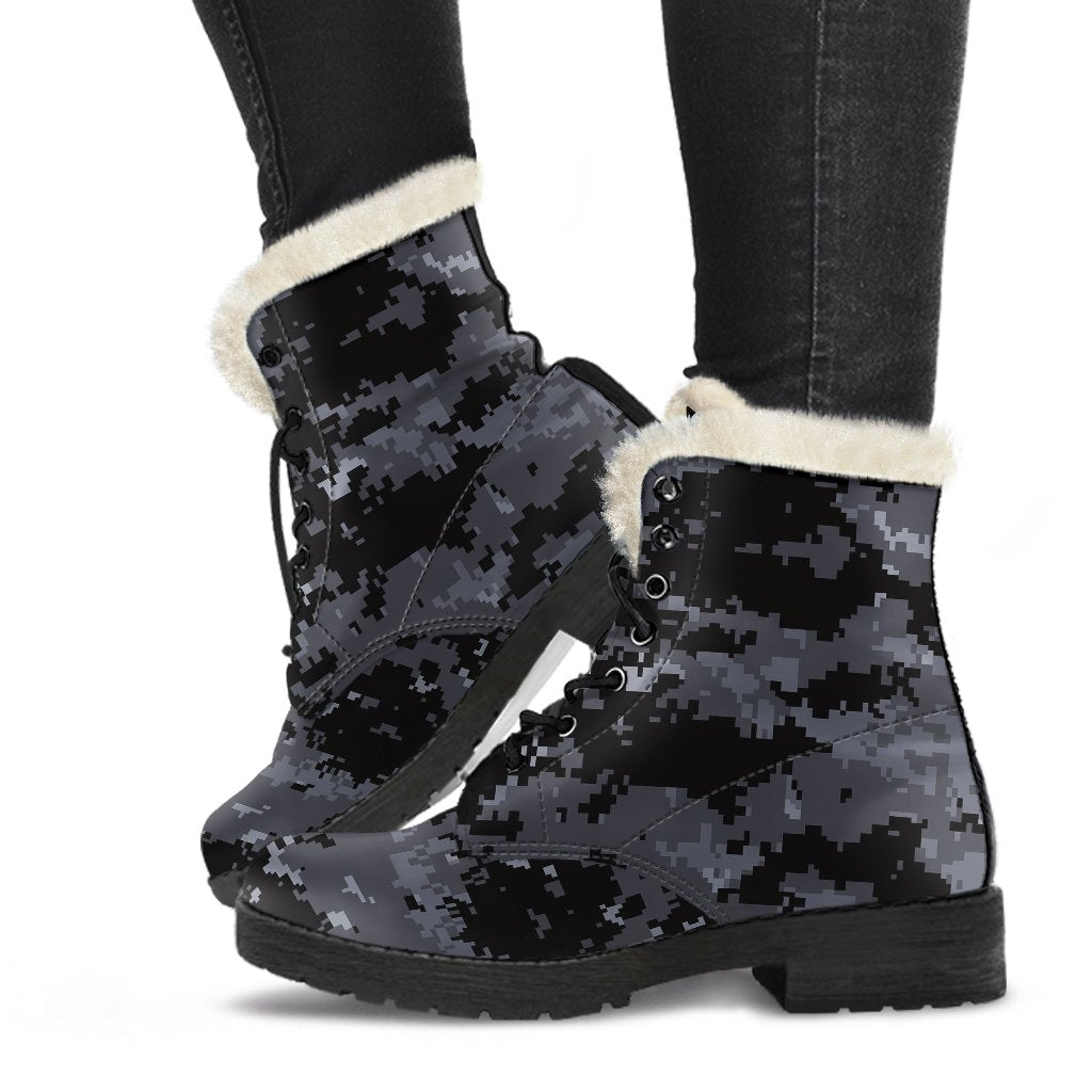 ACU Digital Black Camouflage Faux Fur Leather Boots-JTAMIGO.COM