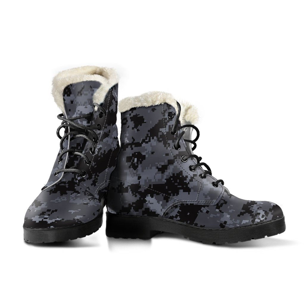 ACU Digital Black Camouflage Faux Fur Leather Boots-JTAMIGO.COM