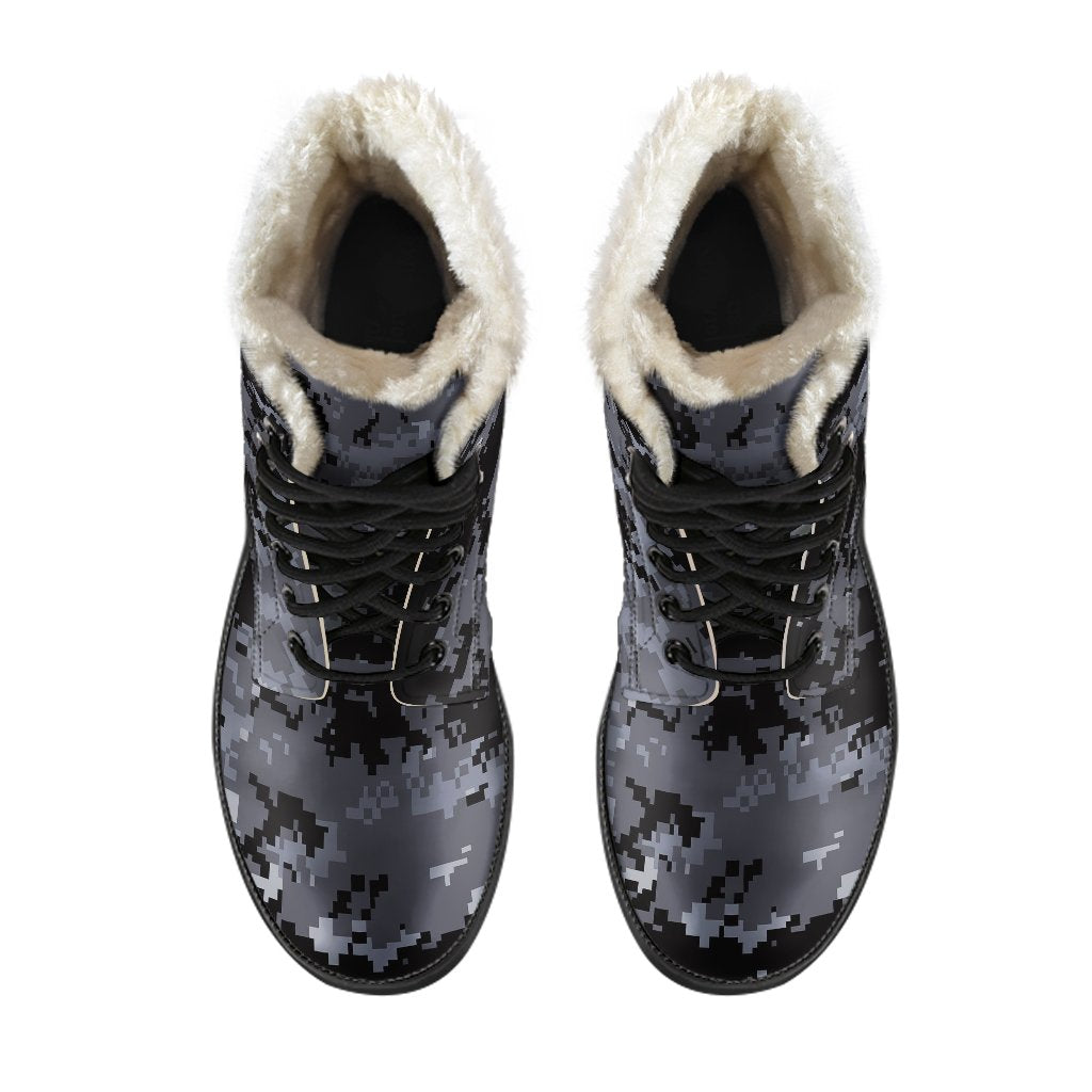 ACU Digital Black Camouflage Faux Fur Leather Boots-JTAMIGO.COM