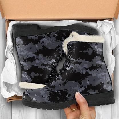ACU Digital Black Camouflage Faux Fur Leather Boots-JTAMIGO.COM