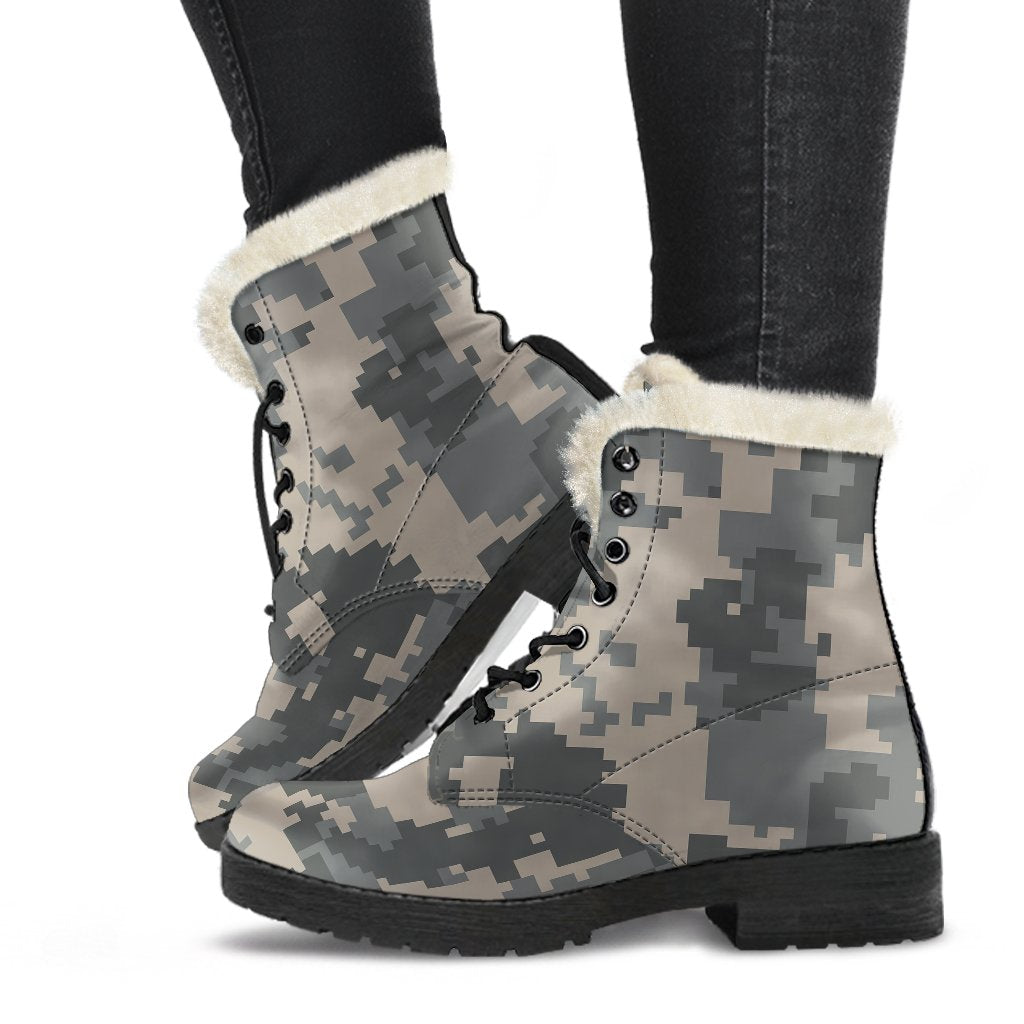 ACU Digital Camouflage Faux Fur Leather Boots-JTAMIGO.COM