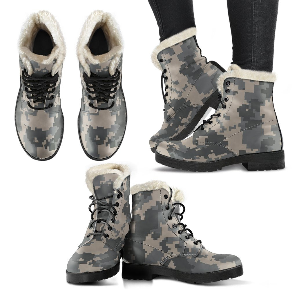 ACU Digital Camouflage Faux Fur Leather Boots-JTAMIGO.COM