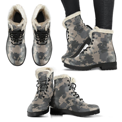 ACU Digital Camouflage Faux Fur Leather Boots-JTAMIGO.COM