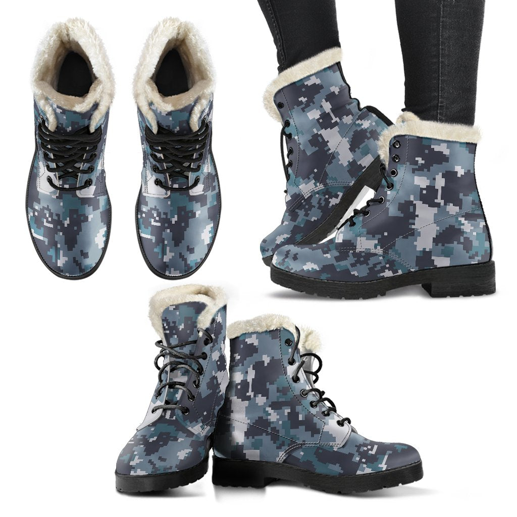 ACU Digital Urban Camouflage Faux Fur Leather Boots-JTAMIGO.COM