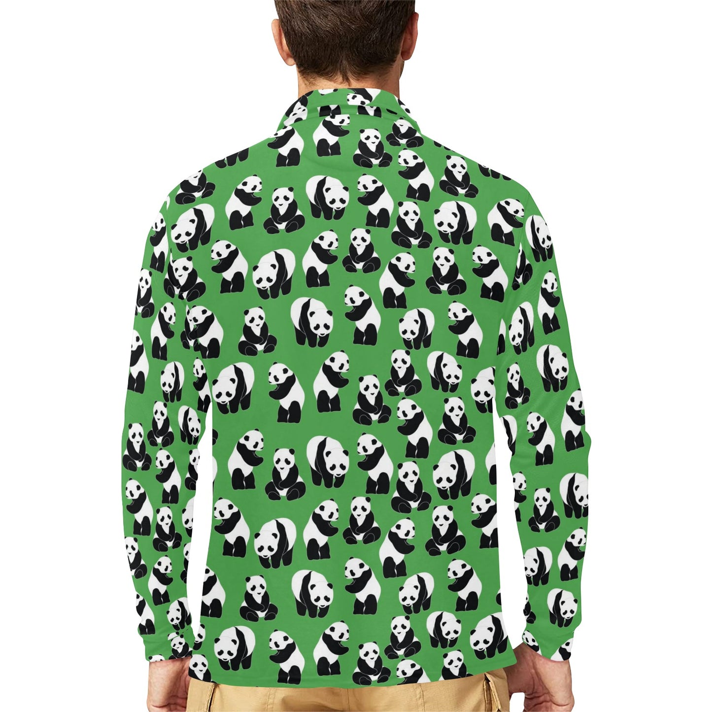 Panda Bear Pattern Themed Print Long Sleeve Polo Shirt For Men's