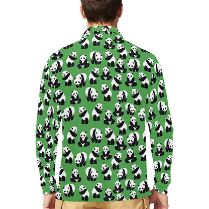 Panda Bear Pattern Themed Print Long Sleeve Polo Shirt For Men's