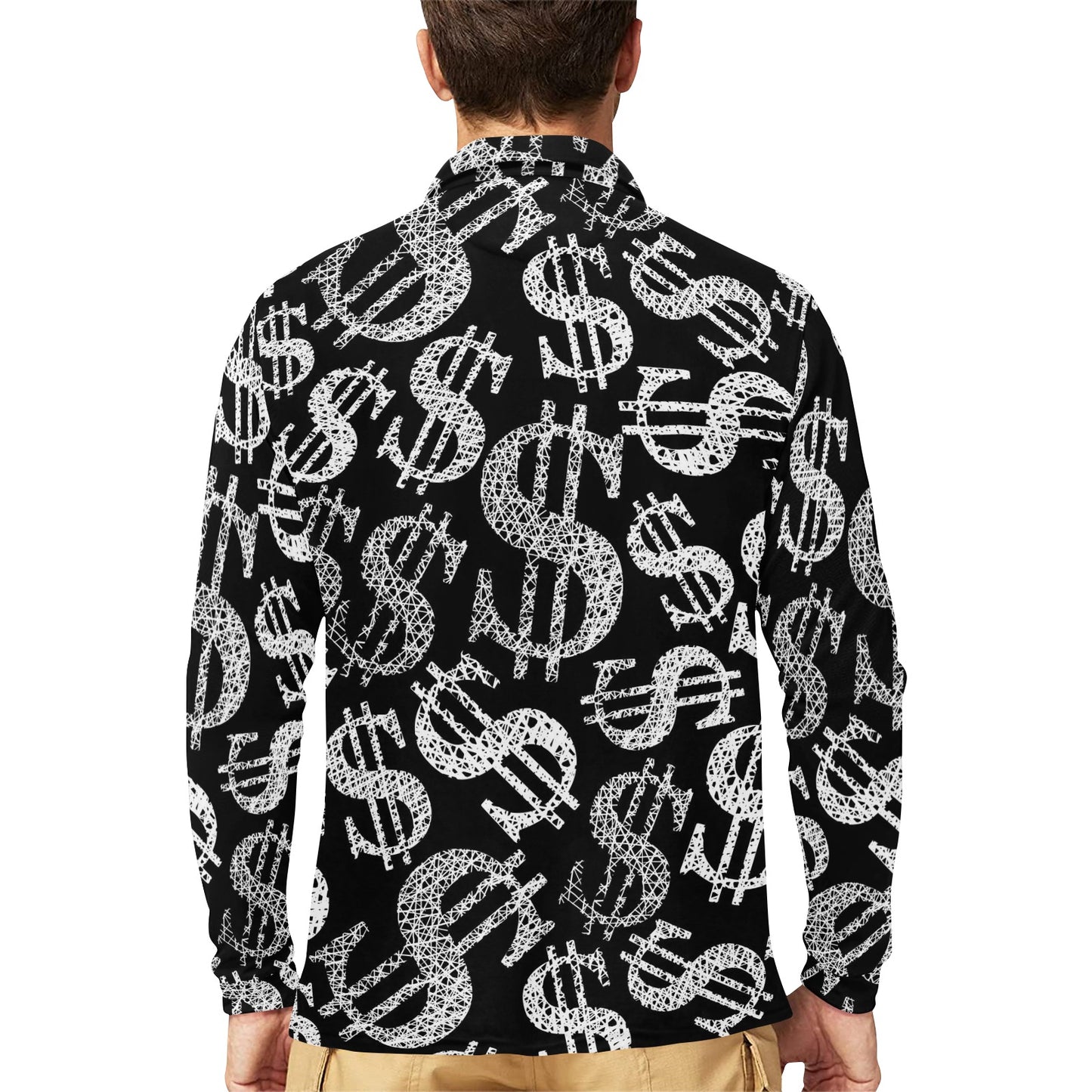 Money Pattern Print Design 02 Long Sleeve Polo Shirt For Men's