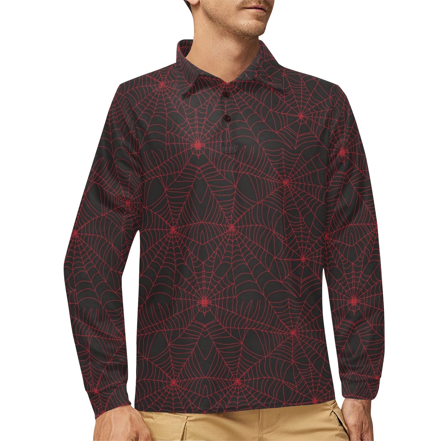 Spider Web Red Print Design LKS302 Long Sleeve Polo Shirt For Men's