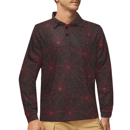 Spider Web Red Print Design LKS302 Long Sleeve Polo Shirt For Men's