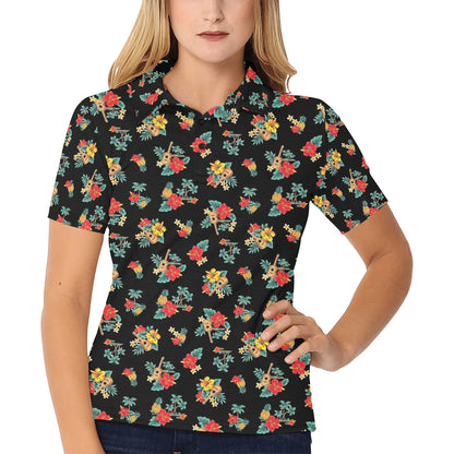 Hawaiian Flower Themed Print Women's Polo Shirt