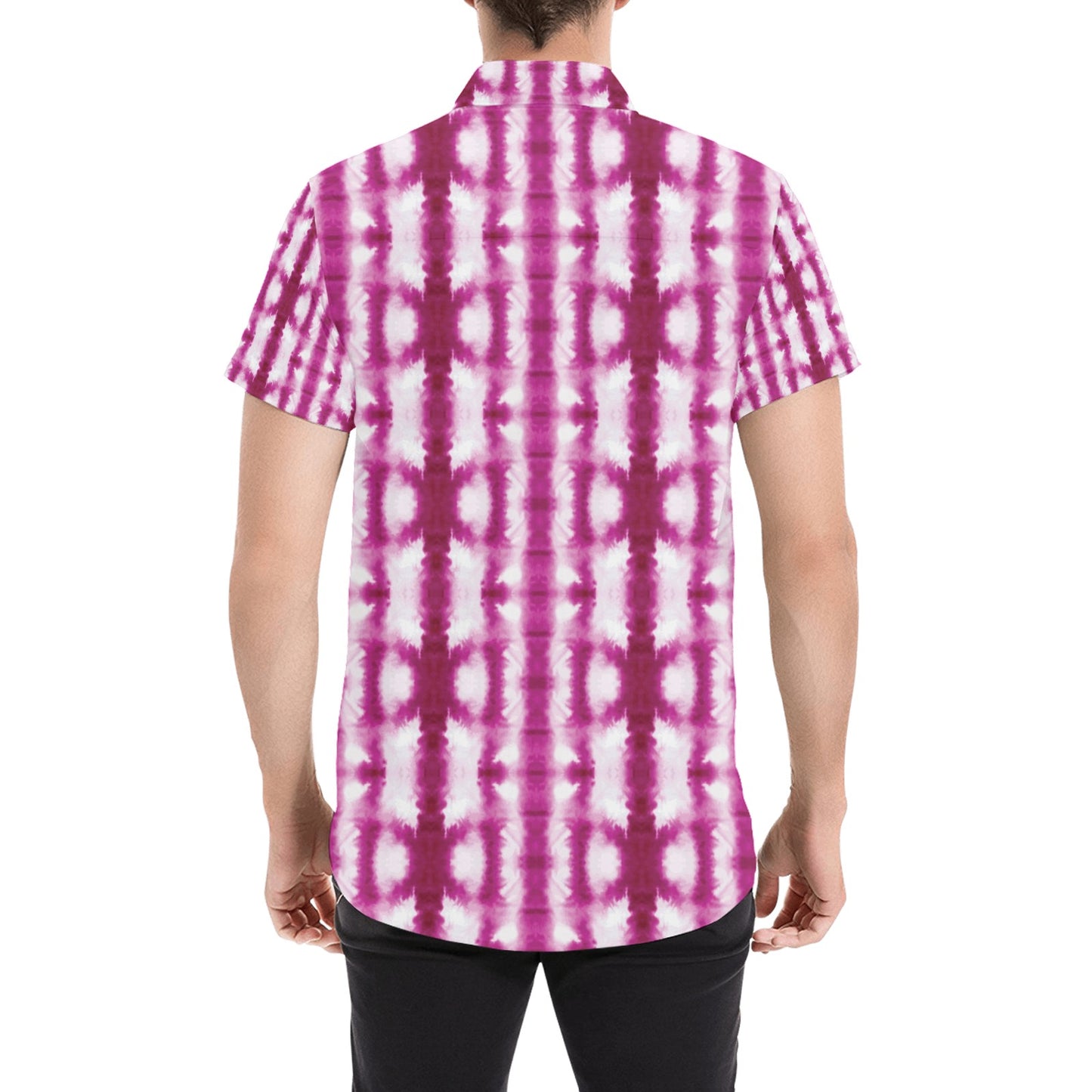 Tie Dye Dark Pink Print Design LKS303 Men Short Sleeve Button Up Shirt